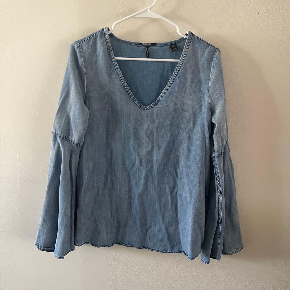 Scotch & Soda Blouse Womens XS Blue Chambray Bell Sleeve V-Neck Boho Top 139021